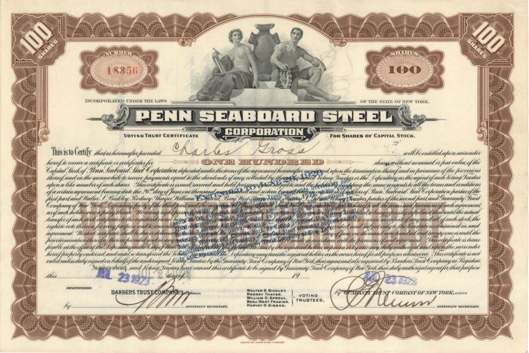 Penn Seaboard Steel Corp. - 1923-1926 dated Stock Certificate