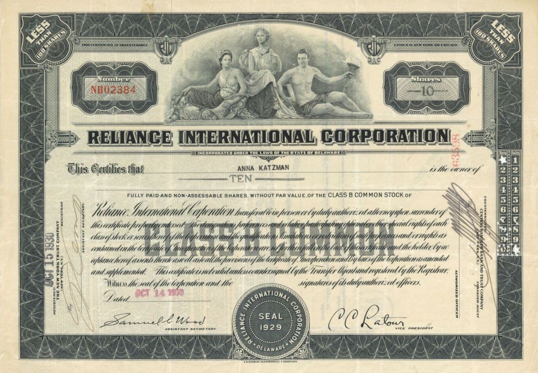 Reliance International Corp. - 1930 or 1931 dated Stock Certificate
