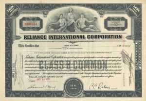 Reliance International Corp. - 1930 or 1931 dated Stock Certificate