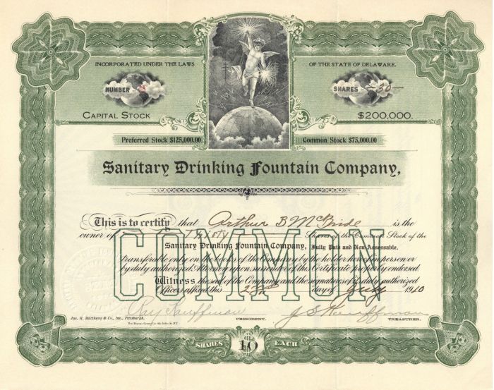 Sanitary Drinking Fountain Co. - Stock Certificate