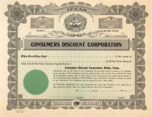Consumers Discount Corporation - Stock Certificate
