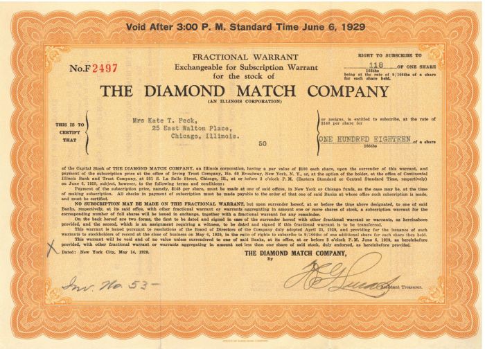 Diamond Match Co.- 1929 dated Stock Certificate - The Year of the Great Stock Market Crash