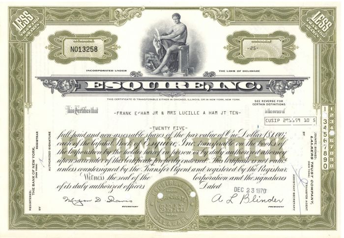 Esquire, Inc.- Stock Certificate