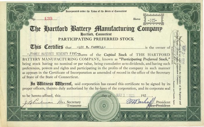 Hartford Battery Manufacturing Co. - Stock Certificate