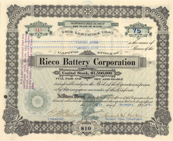 Rieco Battery Corporation - Stock Certificate