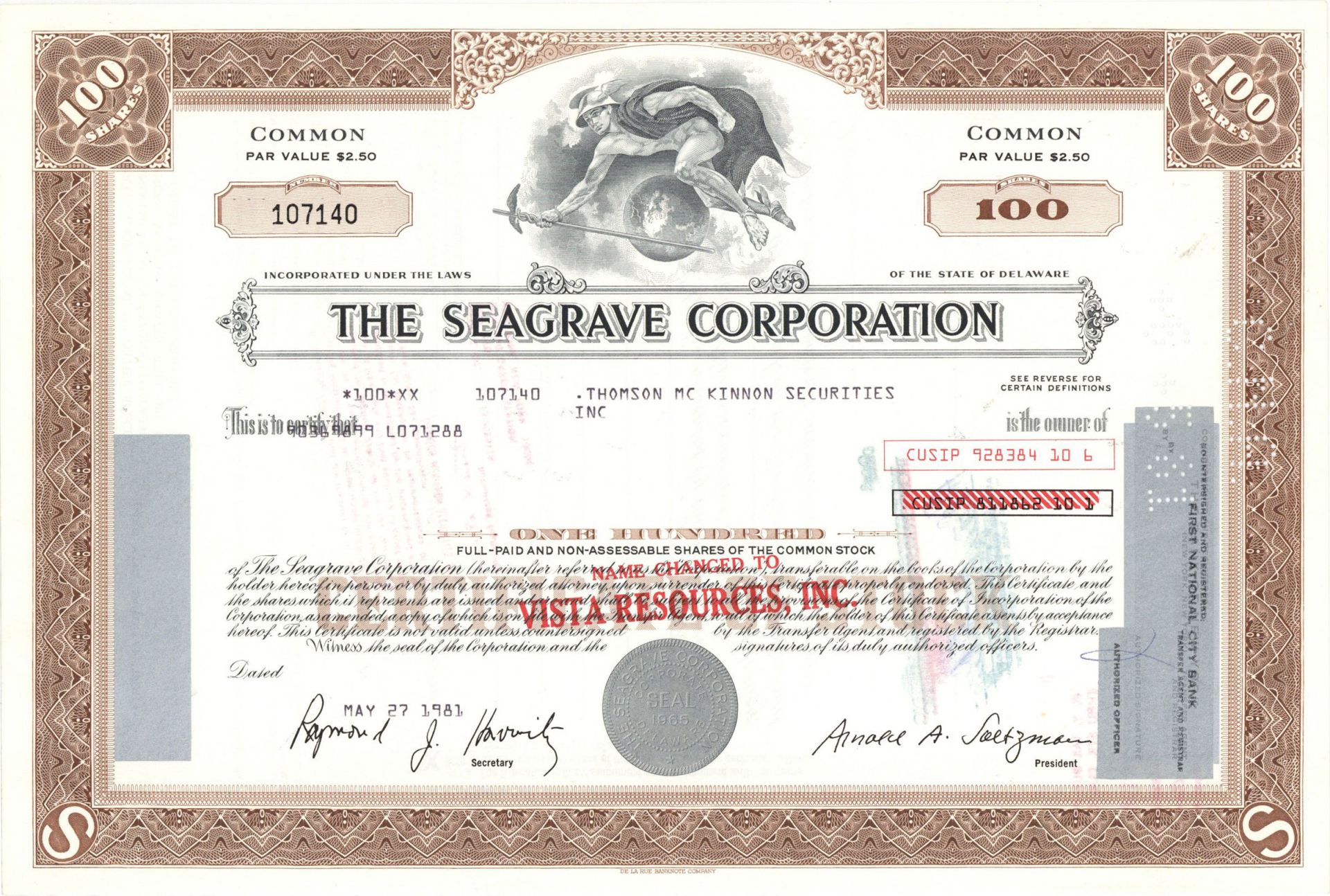 Seagrave Corporation - Stock Certificate