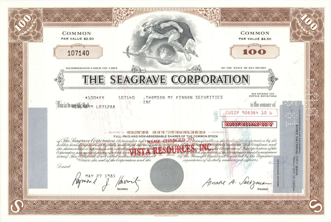Seagrave Corp. - 1981 dated Stock Certificate - Printed Signature of Arnold Asa Saltzman as President