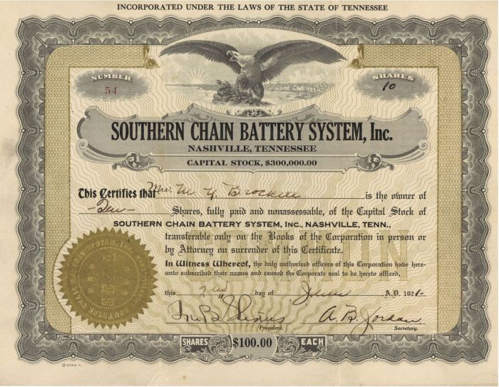 Southern Chain Battery System, Inc. - Stock Certificate