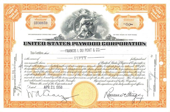 United States Plywood Corporation - Stock Certificate