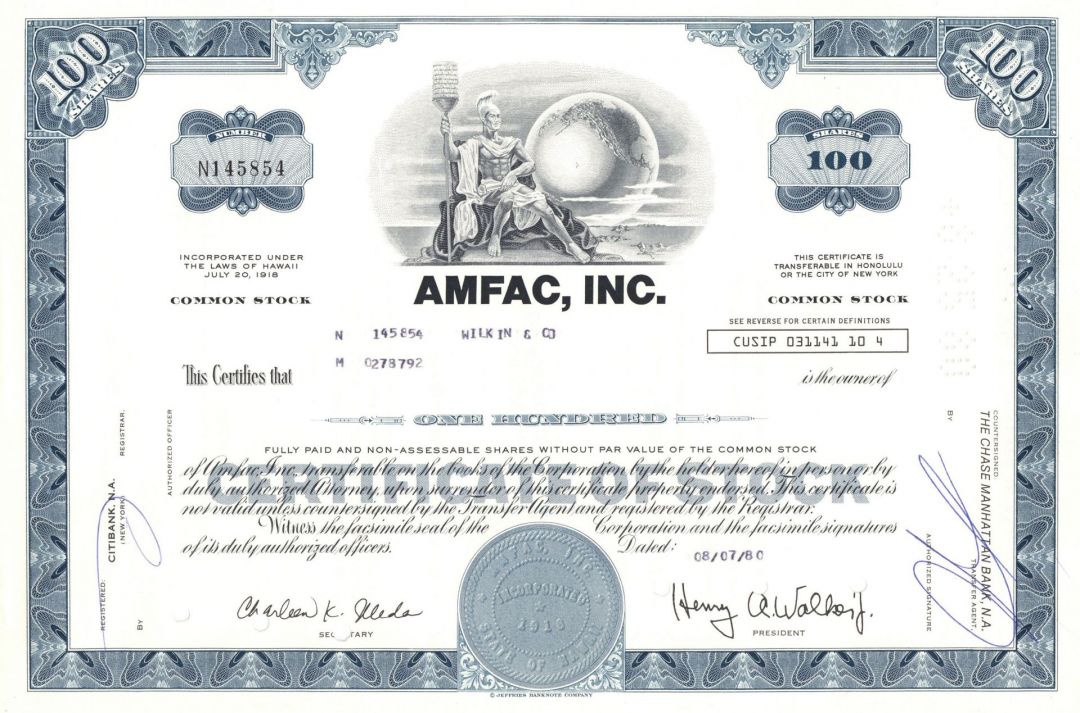 AMFAC, Inc. - Hawaiian Land Developing Stock Certificate