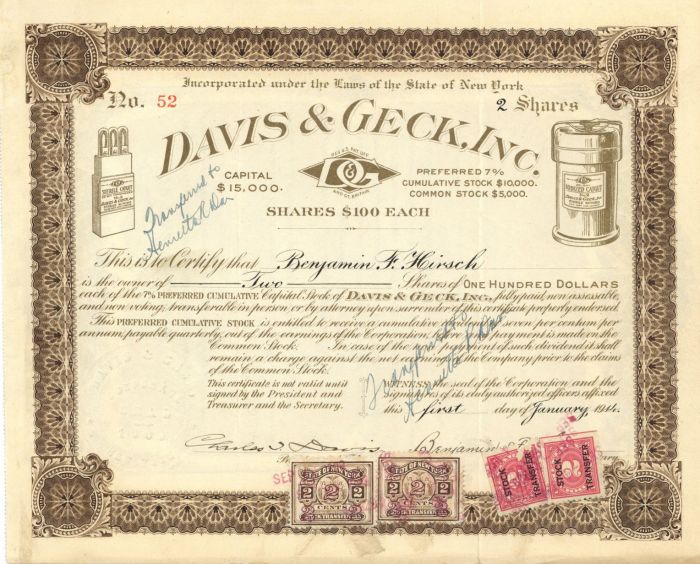 Davis and Geck, Inc. - Stock Certificate