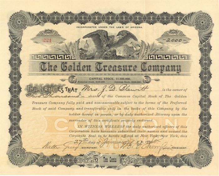 Golden Treasure Co.- Stock Certificate