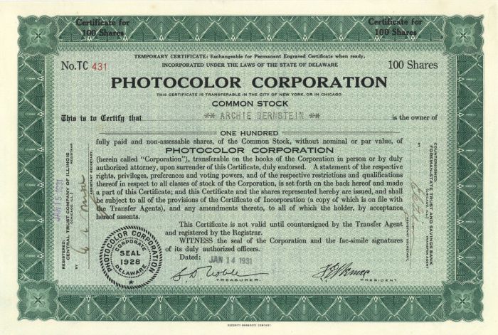 Photocolor Corporation - Stock Certificate