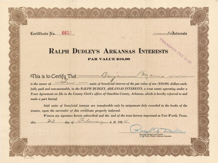 Ralph Dudley's Arkansas Interests - Stock Certificate