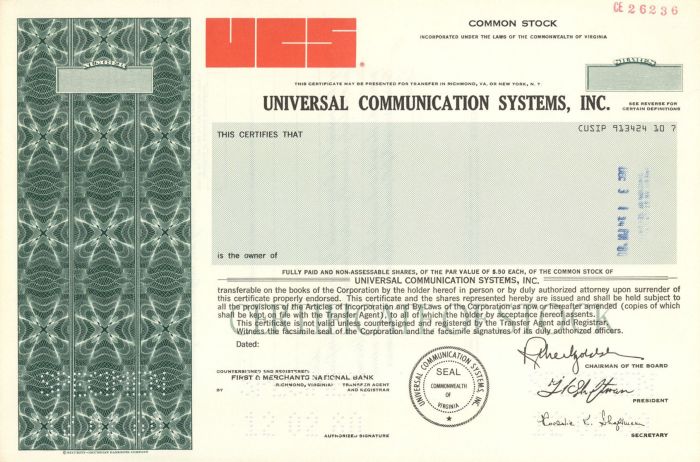 Universal Communication Systems, Inc. - Stock Certificate