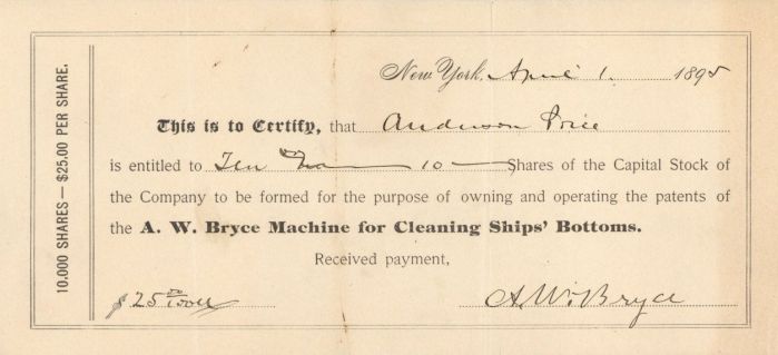 A.W. Bryce Machine for Cleaning Ships' Bottoms - Stock Certificate