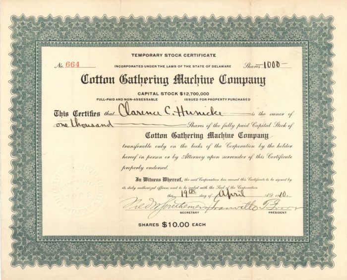 Cotton Gathering Machine Co. - Stock Certificate