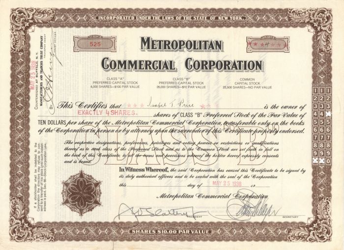 Metropolitan Commercial Corporation - Stock Certificate