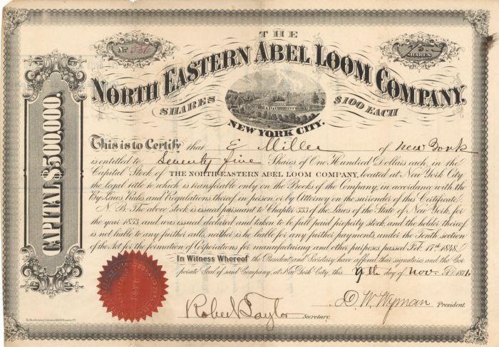 North Eastern Abel Loom Co. - Stock Certificate