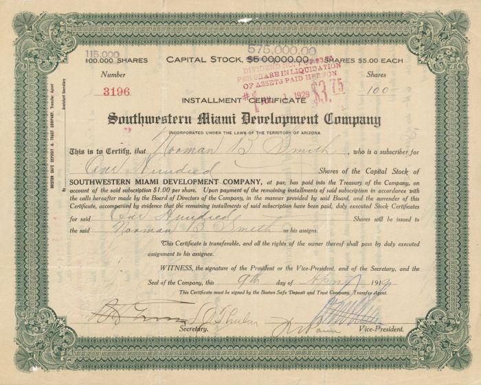 Southwestern Miami Development Co. - Stock Certificate