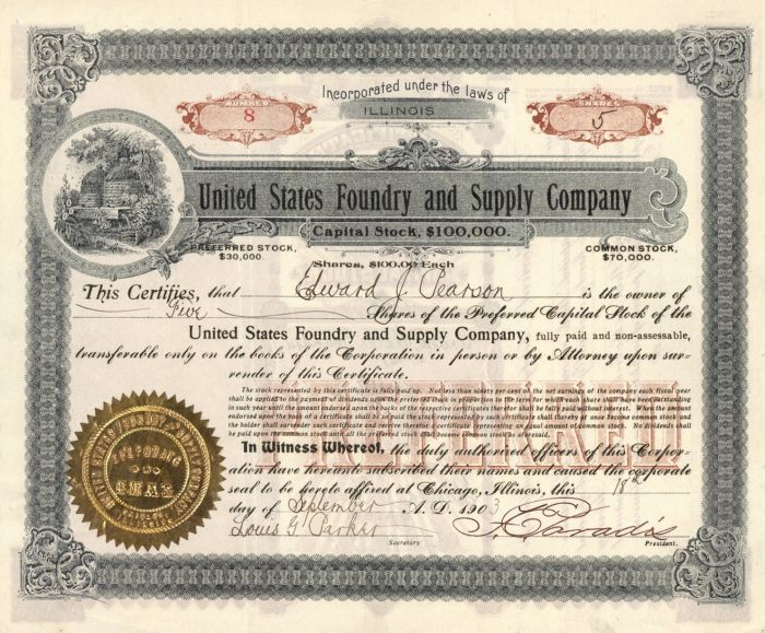 United States Foundry and Supply Co. - Stock Certificate