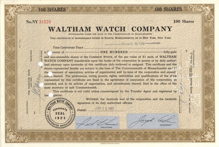 Waltham Watch Co. - Stock Certificate