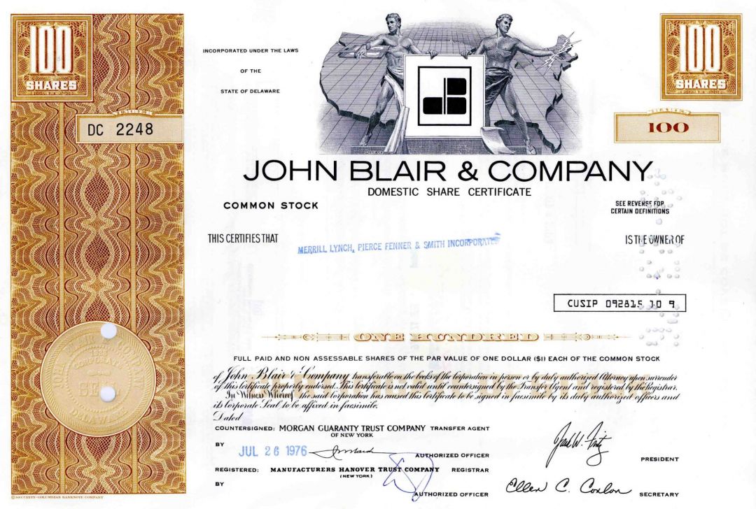 John Blair & Co. - dated 1976 Stock Certificate - John Leo Blair