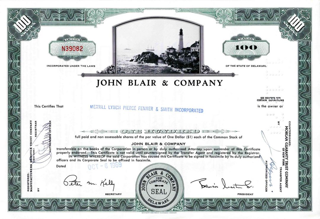 John Blair & Co. - dated 1969 Stock Certificate - John Leo Blair
