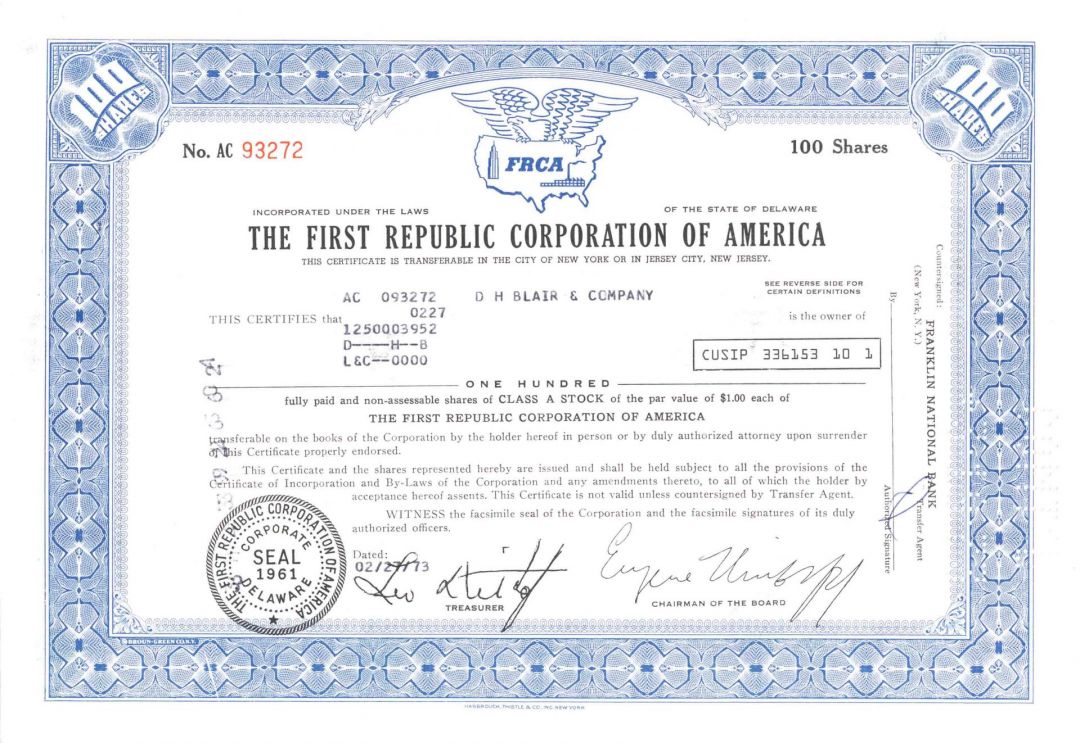 First Republic Corporation of America - 1960's dated Fishing & Recreation Stock Certificate