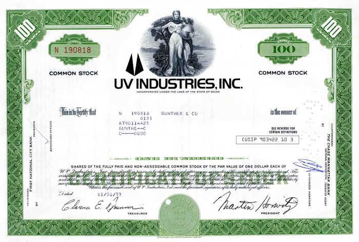 UV Industries, Inc. - Stock Certificate