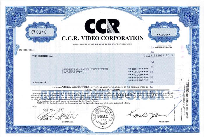 C.C.R. Video Corporation - Stock Certificate