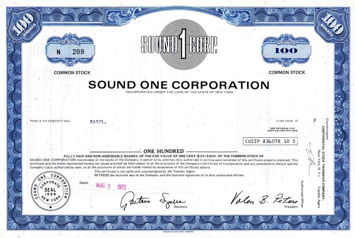Sound One Corportation - Sound Effects - Stock Certificate