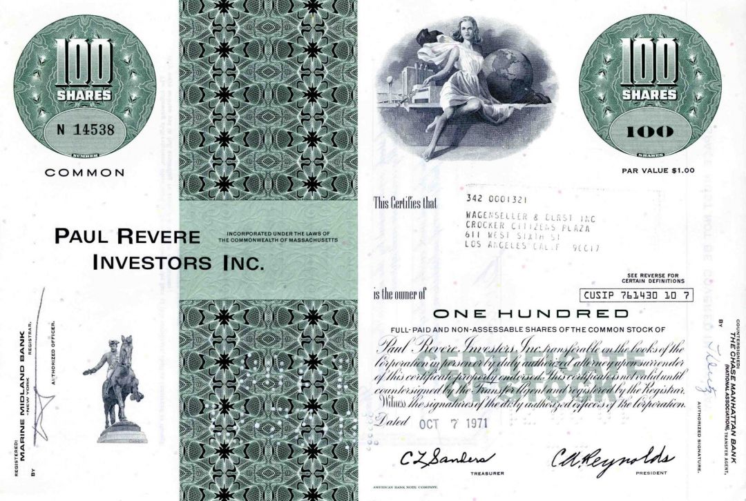 Paul Revere Investors Inc. - Investment Stock Certificate