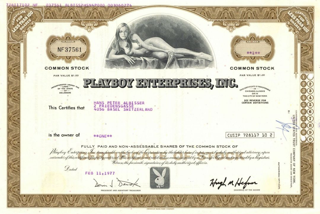 LAST ONE Fully Issued Playboy Enterprises, Inc - dated 1970's-1980's Stock Certificate - Extremely Rare Issued