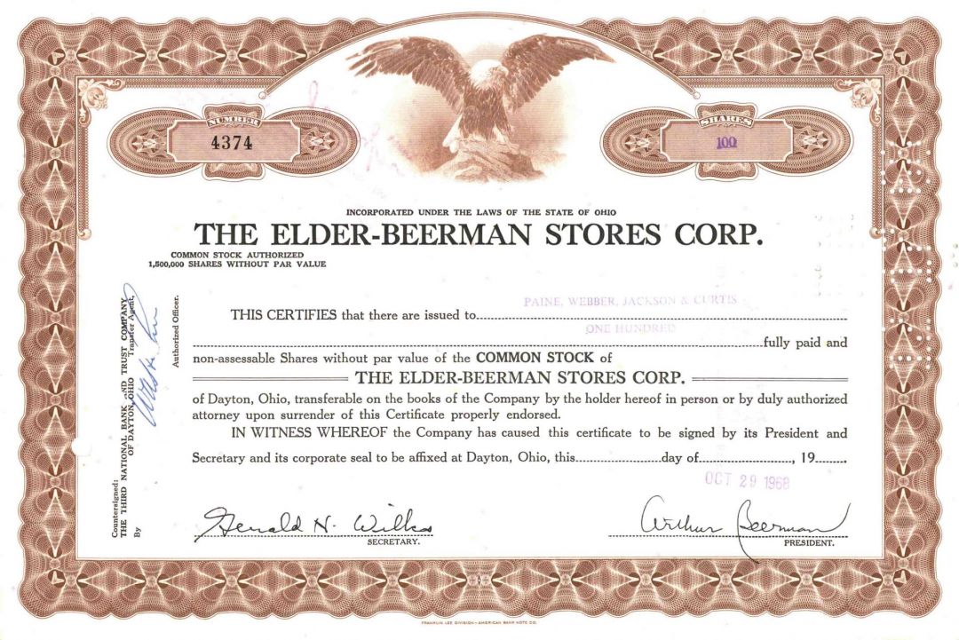 Elder-Beerman Stores Corporation - 1960's dated Department Store Chain Stock Certificate