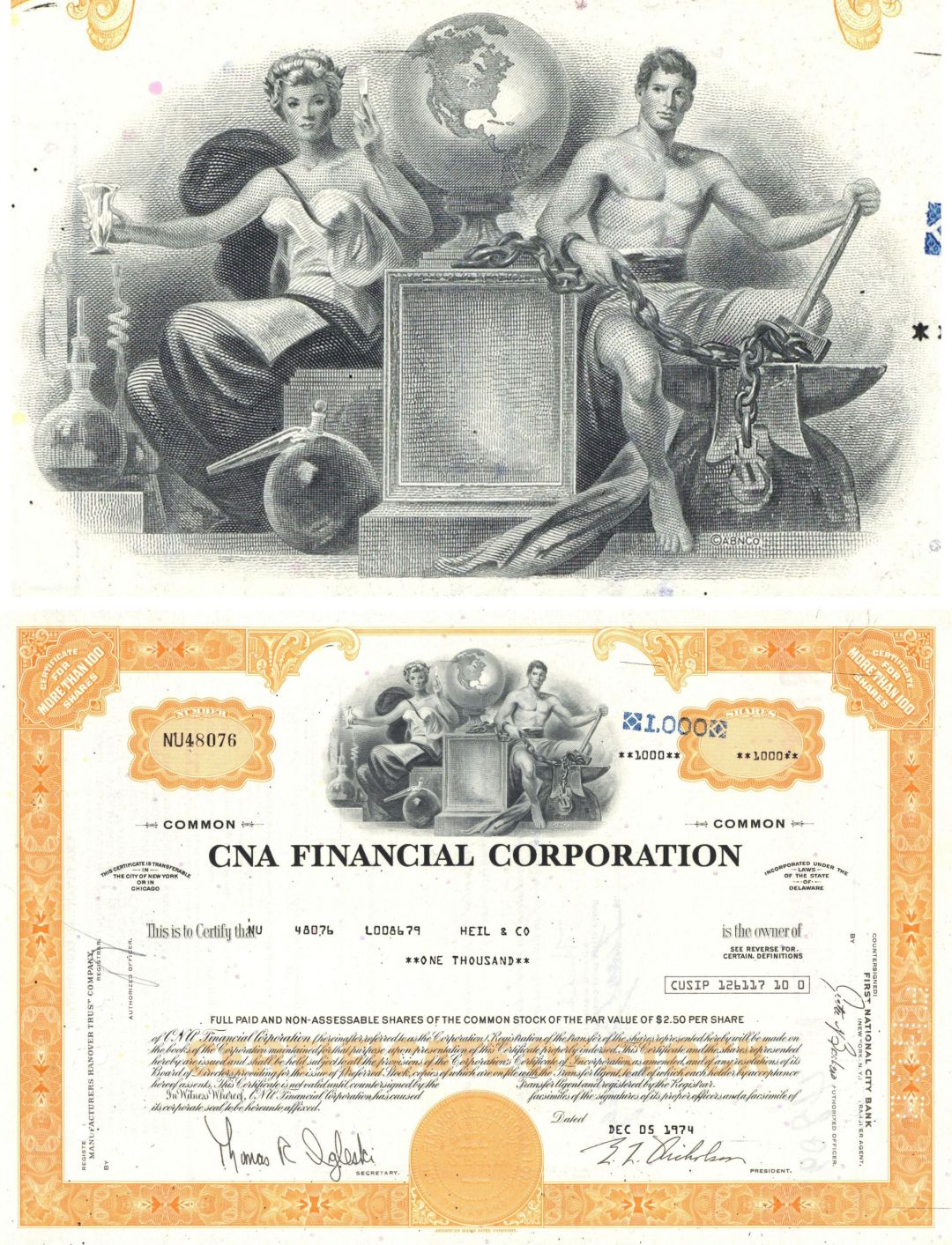 CNA Financial Corporation - 1970's dated Stock Certificate - Insurance Company