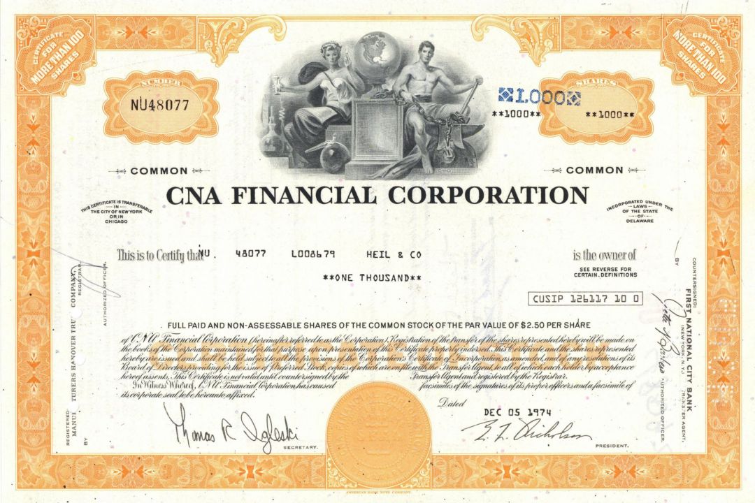 CNA Financial Corporation - 1970's dated Stock Certificate - Insurance Company