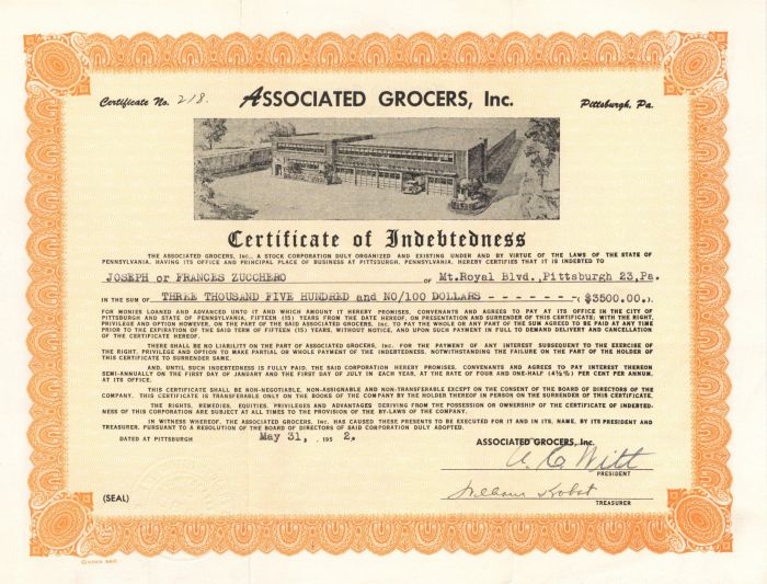 Associated Grocers, Inc. - 1952 dated Stock Certificate - Acquired by Unified Western Grocers to form Unified Grocers