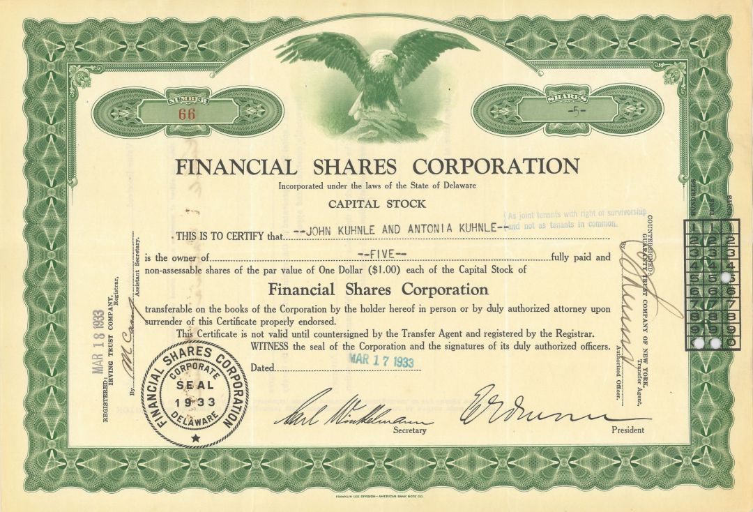 Financial Shares Corporation - 1933-1938 dated Financial Institution Stock Certificate
