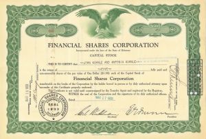 Financial Shares Corporation - 1933-1938 dated Financial Institution Stock Certificate