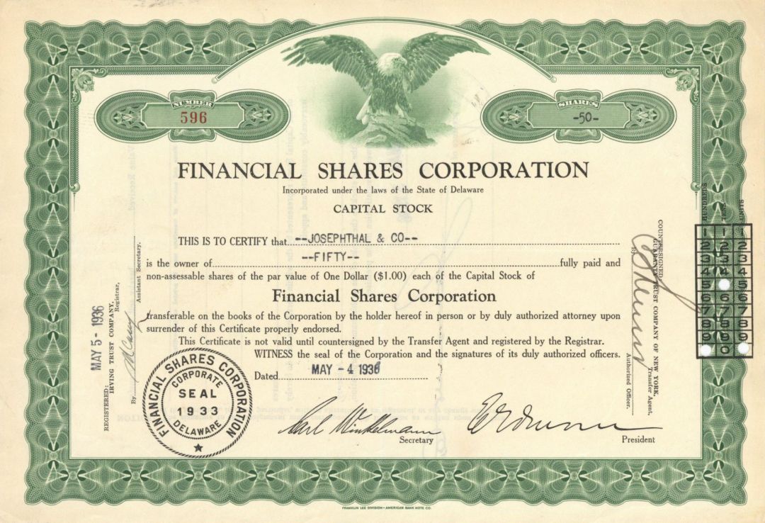 Financial Shares Corporation - 1933-1938 dated Financial Institution Stock Certificate