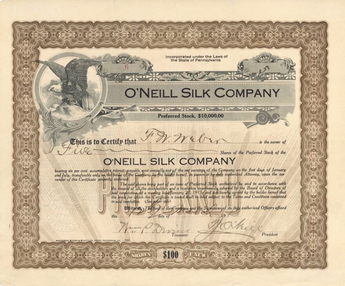 O'Neill Silk Co. - Stock Certificate