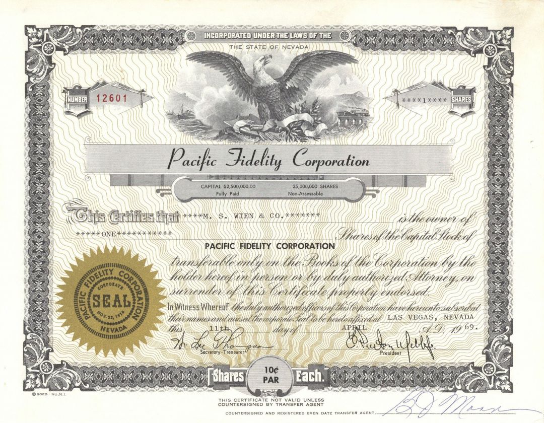 Pacific Fidelity Corporation - 1969 dated Stock Certificate