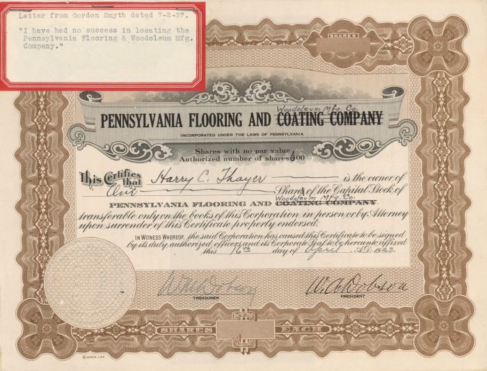 Pennslyvania Flooring and Woodoleum Mfg. Co. - Stock Certificate
