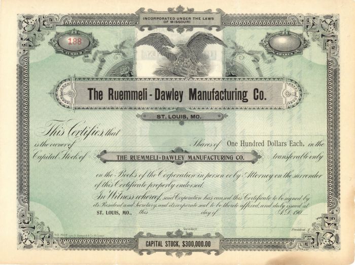 Ruemmeli-Dawley Manufacturing Co. - Stock Certificate