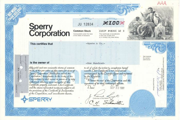 Sperry Corporation - 1981 dated Stock Certificate