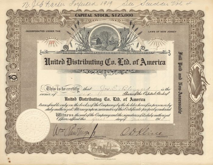 United Distributing Co. Ltd. of America - 1915 dated Stock Certificate