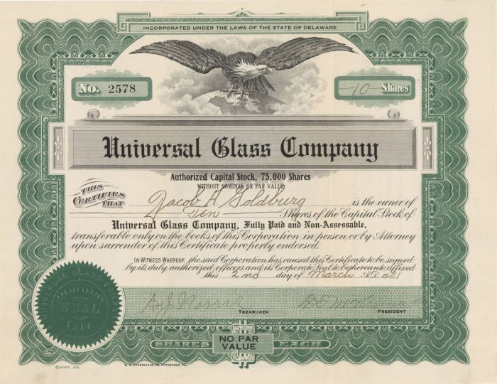 Universal Glass Co.  - Stock Certificate