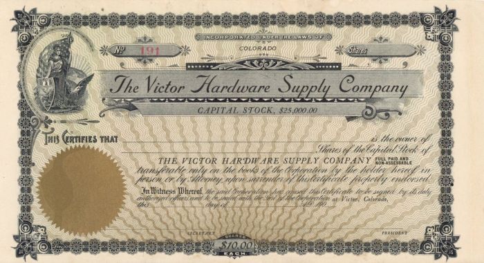 Victor Hardware Supply Co.  - Stock Certificate