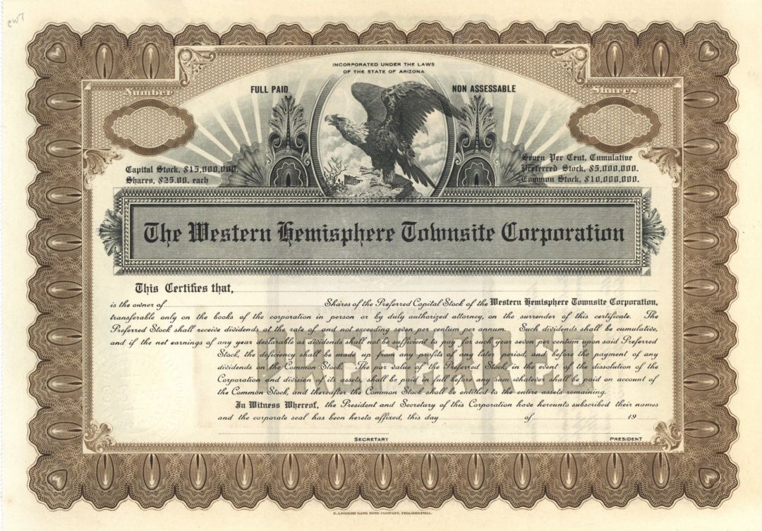Western Hemisphere Townsite Corporation  - Stock Certificate